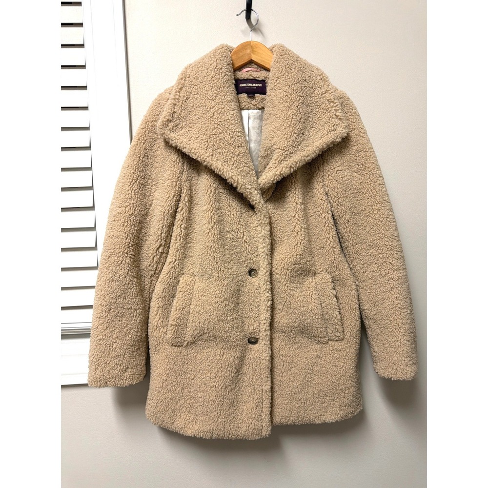 Johnston & Murphy Teddy Coat Womens XS Tan Sherpa Faux Fur Jacket Cozy Oversized